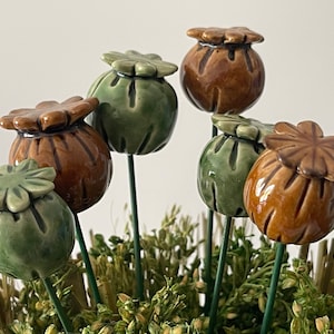 Könnte beinhalten: Ein Set aus sechs Keramik-Mohnkapseln in Grün- und Brauntönen. Die Kapseln sind an grünen Drahtstängeln befestigt.