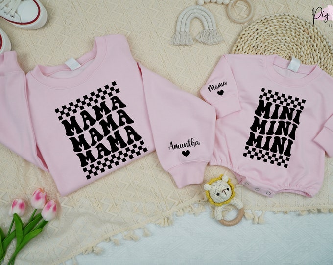 Personalized Mama And Mini Sweatshirt, Mom And Baby Matching Family Shirt, Daughter Kid Sweatshirt, Baby Girl Romper Gift, Baby Shower Gift