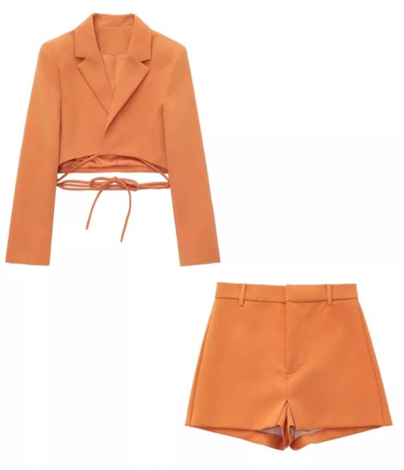 Orange Two Piece Blazer and Shorts Set 