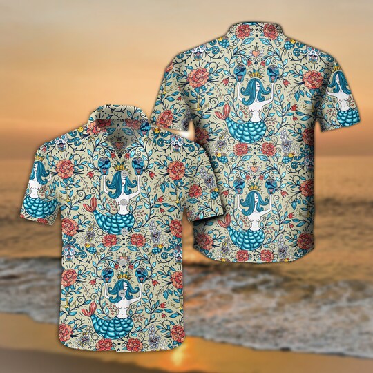 Men's Hawaiian Mermaid and Flower Tattoo Print Shirt