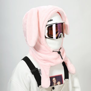 Pink Bunny Moving Ears Ski /Snowbroad Mask Hood/ Balaclava/ Hat, Winter Outdoor Hats For Skateboard/ Climbing/ Riding/ Motorcycle Helmets