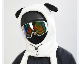 White Panda Moving Ears Ski /Snowbroad Mask Hood Balaclava, Winter Outdoor Hats For Skateboard/ Rock Climbing/ Riding/ Motorcycle Helmets