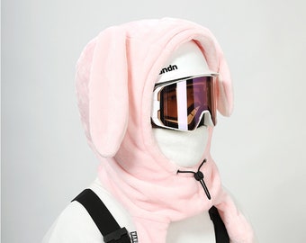 Pink Bunny Moving Ears Ski /Snowbroad Mask Hood/ Balaclava/ Hat, Winter Outdoor Hats For Skateboard/ Climbing/ Riding/ Motorcycle Helmets