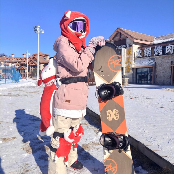 Red Fox Moving Ears Ski Mask Hood Balaclava Hat, Winter Outdoor Hoodie For Skateboard/ Snowboard/ Skiing/ Riding/ Motorcycle Helmets
