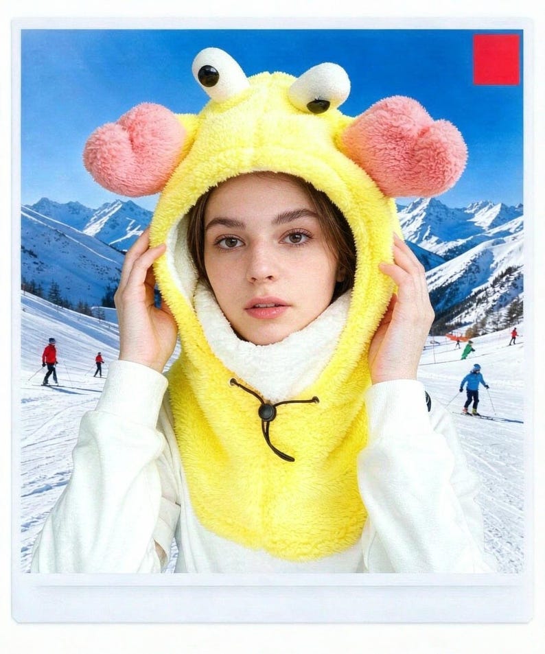 K&ouml;nnte beinhalten: Eine leuchtend gelbe Pl&uuml;sch-Kapuzen-Nackenw&auml;rmer mit zwei gro&szlig;en Cartoon-Augen auf der Oberseite und zwei rosa abgerundeten Seitenakzenten. Die Kapuze ist mit wei&szlig;em Fleece gef&uuml;ttert und hat einen schwarzen, verstellbaren Kordelzug mit Stopper.