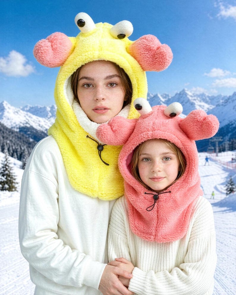 K&ouml;nnte beinhalten: Eine leuchtend gelbe Pl&uuml;schkapuze mit krabbenartigen Augen und rosa Scheren, ausgestattet mit wei&szlig;em Innenfutter und einem schwarzen Kordelzug. Daneben eine passende rosa Pl&uuml;schkapuze mit wei&szlig;en Augen und einem schwarzen Kordelzug.