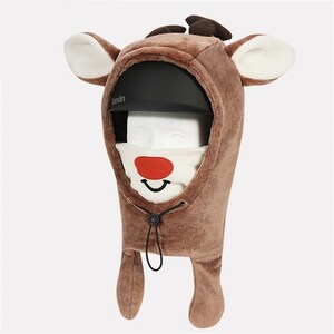 May include: A brown plush reindeer hood featuring large ears and antlers, worn over a black helmet. The hood includes a cream-colored face mask with a red nose and a black smile graphic, secured by a black drawstring with a plastic toggle closure.