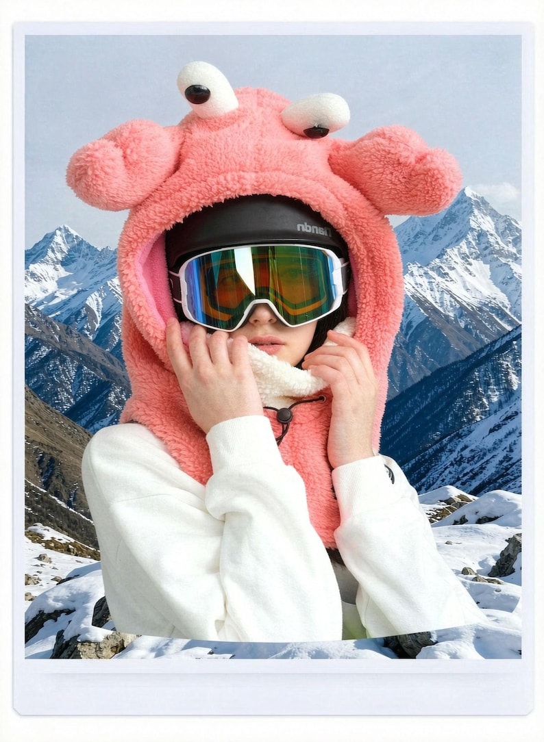 K&ouml;nnte beinhalten: Eine rosafarbene Pl&uuml;schkapuze mit zwei hervorstehenden Augen und abgerundeten Ohren, getragen &uuml;ber einem schwarzen Helm und einer reflektierenden Skibrille. Die Kapuze hat ein wei&szlig;es Innenfutter und einen schwarzen Kordelzug, kombiniert mit einem wei&szlig;en Oberteil.