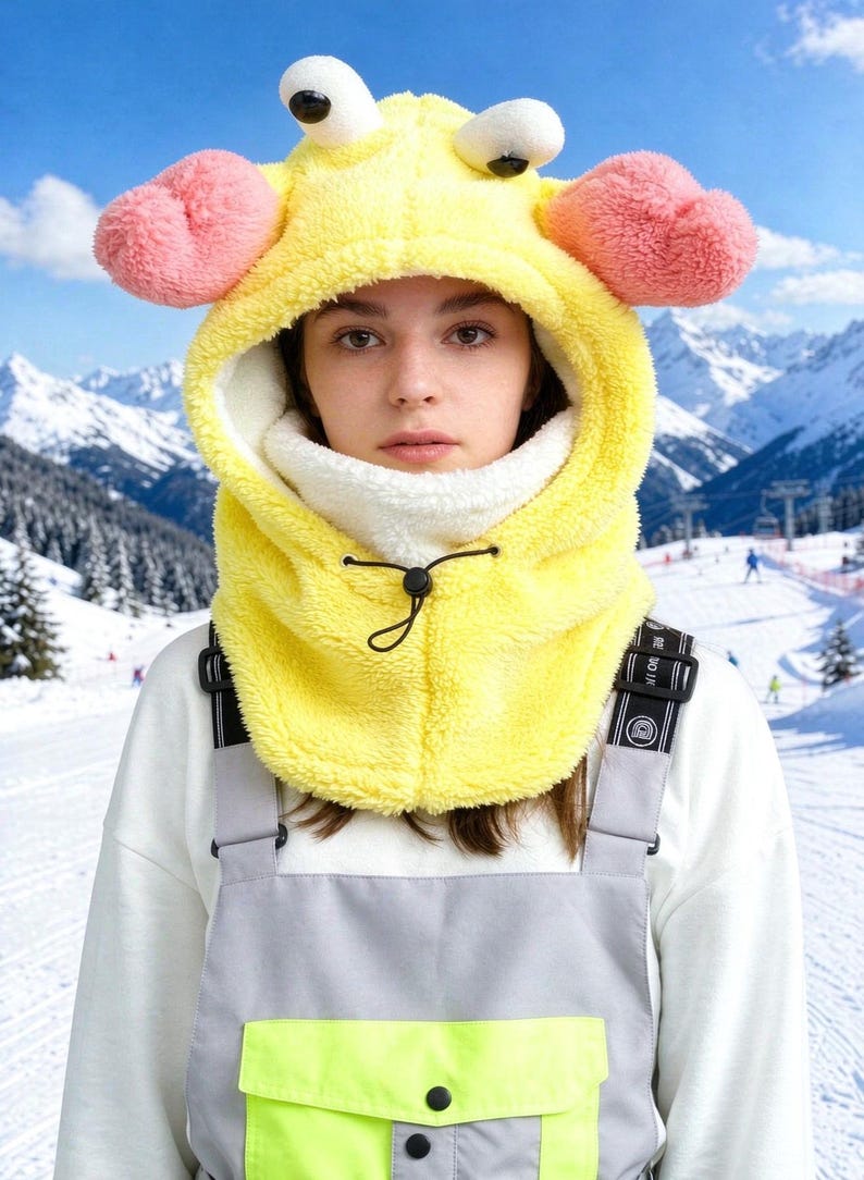K&ouml;nnte beinhalten: Eine leuchtend gelbe Pl&uuml;sch-Fleece-Sturmhaube mit zwei gro&szlig;en wei&szlig;en Cartoon-Augen auf der Oberseite und zwei rosafarbenen, abgerundeten seitlichen Anh&auml;ngseln. Die Kapuze verf&uuml;gt &uuml;ber ein wei&szlig;es Innenfutter und einen schwarzen Kordelzug.