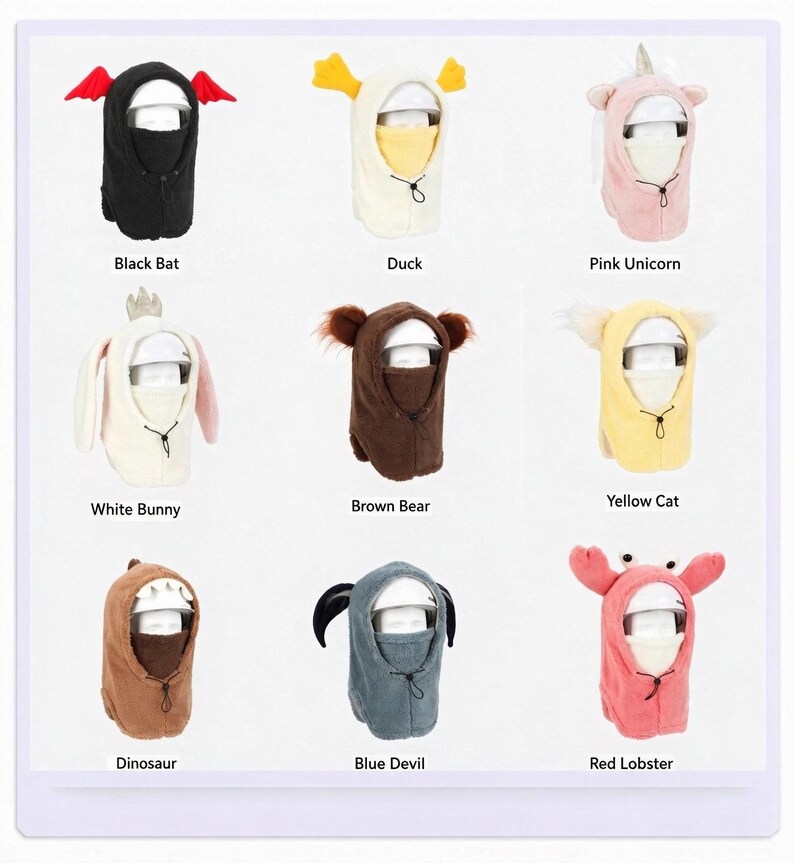 K&ouml;nnte beinhalten: Eine Sammlung von neun Pl&uuml;sch-Sturmhauben mit Tier- und Kreaturendesigns, darunter eine schwarze Fledermaus, eine gelbe Ente, ein rosa Einhorn, ein wei&szlig;er Hase, ein brauner B&auml;r, eine gelbe Katze, ein brauner Dinosaurier, ein blauer Teufel und ein roter Hummer.