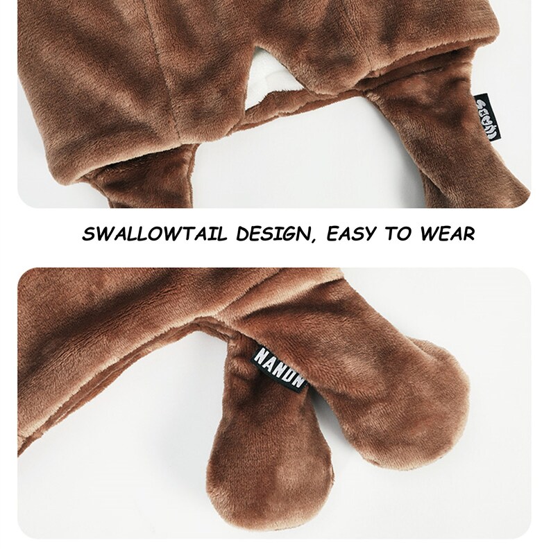 May include: A brown plush hat featuring a swallowtail design with two extended flaps. A small black fabric tag with the white text NANDN is attached to one of the flaps. The text SWALLOWTAIL DESIGN, EASY TO WEAR is printed between the two images.