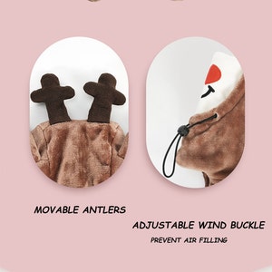 May include: A brown plush hood featuring two dark brown fabric antlers on top, labeled as movable antlers. The hood includes an adjustable black drawstring cord with a plastic toggle, labeled as an adjustable wind buckle to prevent air filling.