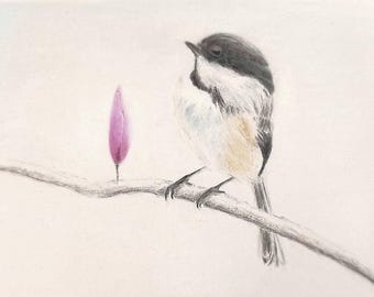 エナガの鳥の絵、オリジナルアートワーク、手描きのイラスト、8