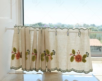 Cortinas cortas de cocina, cortinas bordadas estilo granja, adecuadas como cortinas bordadas para cafeterías y gabinetes