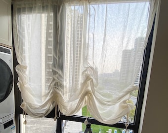 Farmhouse Pull Up Curtain,  Tie Up Curtain, Adjustable Balloon Curtain for Small Window, Country Style Pull Up Balloon Curtain