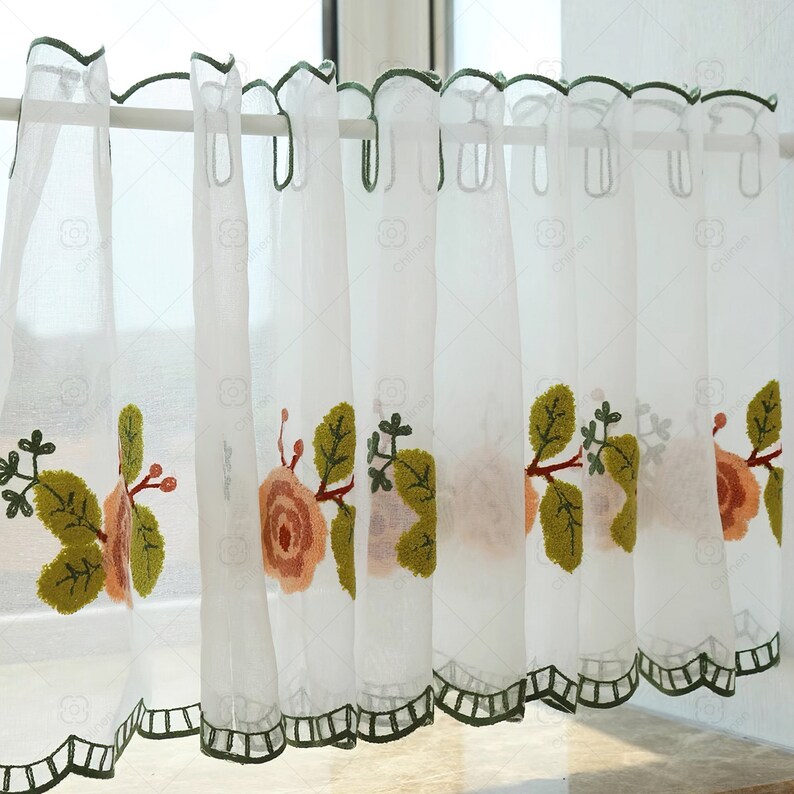 Kitchen Short Curtains, Farmhouse Style Embroidered Curtains, Suitable