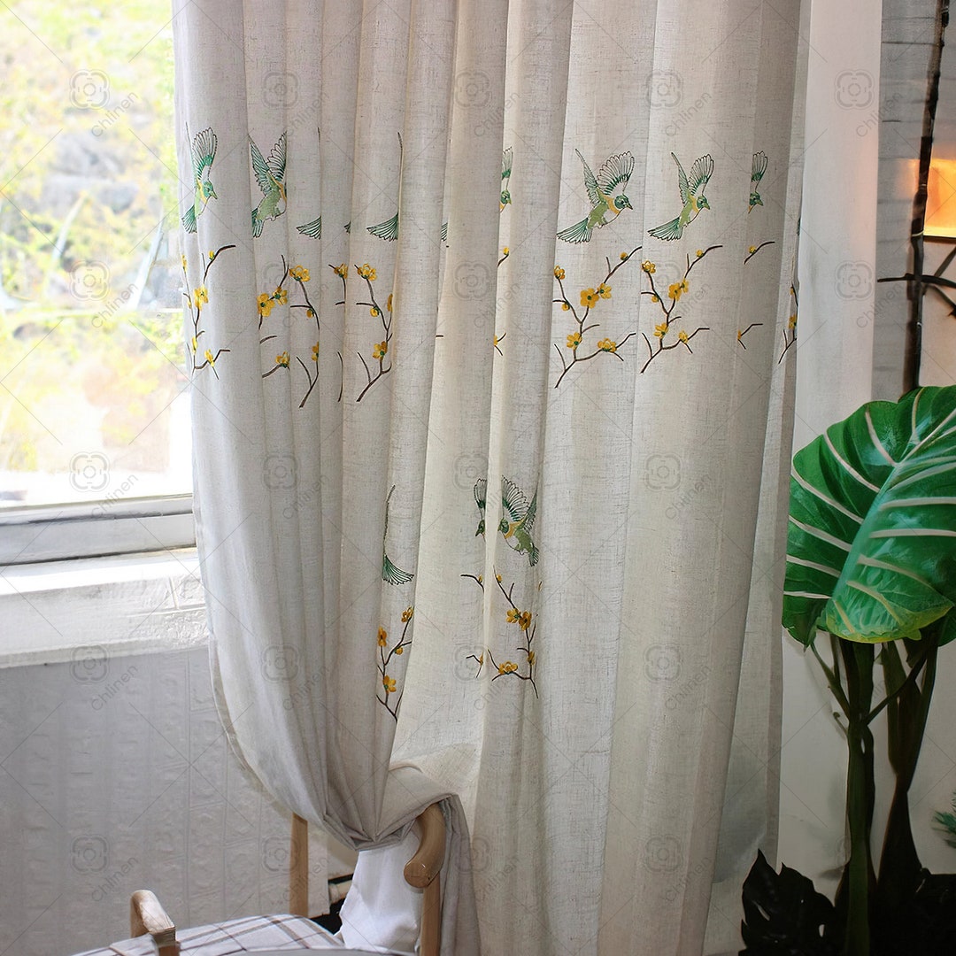 Plant Pattern Embroidered Curtains, Vintage Bedroom Curtains
