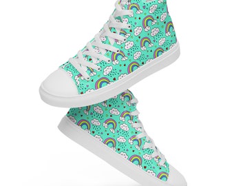 Rainbow Clouds Raindrops Printed Sneakers Men, High-Top Converse Sneakers, Weather Lover Shoes, Lace-Up Nature Theme Sneakers, Gifts for Him