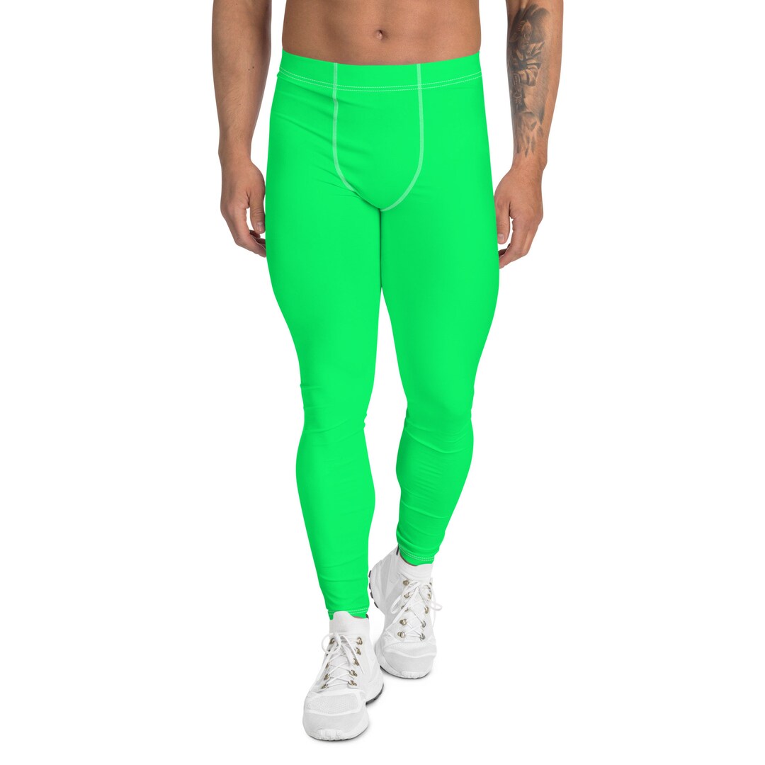 Solid Hot Green Printed Leggings for Men, Plus Size Streetwear Leggings ...