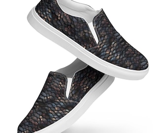Dragon Scales Printed Canvas Shoes Women, Summer Beach Shoes, Slip-On Low Top Canvas Sneakers Shoes, Dragon Lover Gift, Fashion Ladies Shoes
