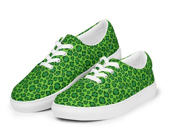 Green Cheetah Print Canvas Shoes: Boho Lace-Up Sneakers