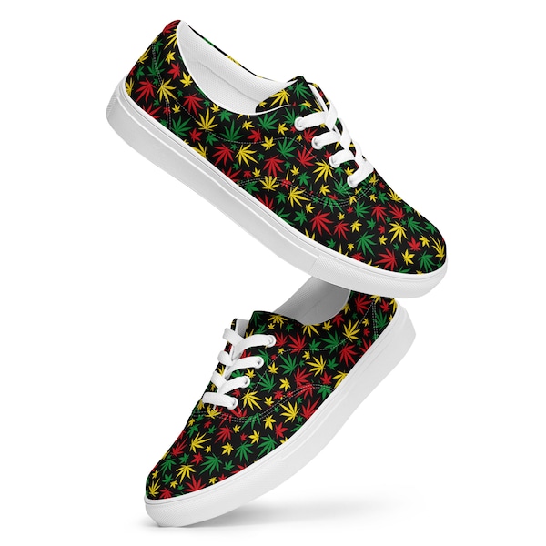 Marijuana Leaf Printed Canvas Shoes Women, Stoner Smoker Weed Pot Lover Gift for Her, Unique Casual Fashion Streetwear Lace-Up Low-Top Shoes