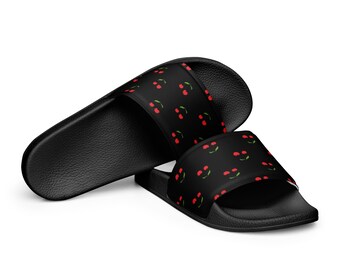 Cherries Printed Slide Sandals Women, Comfortable Summer Sandals, Vegan Beach Wear, Fruit All-Over-Print Walking Shoes