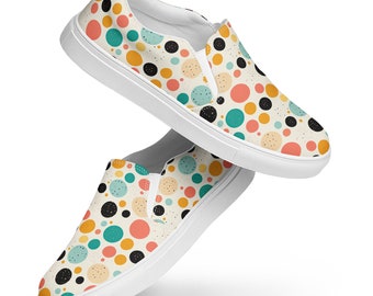 Polka Dotted Canvas Shoes Women, Aesthetic AOP Slip-On Shoes, Polka Dots Footwear, Cool Designer Shoes, Fashionable Streetwear Shoes for Her