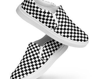 Black and White Checkered Canvas Shoes Women, Aesthetic Streetwear Canvas Sneaker Shoes, Unique Trendy Comfy Slip-On Shoes, Gifts for Her