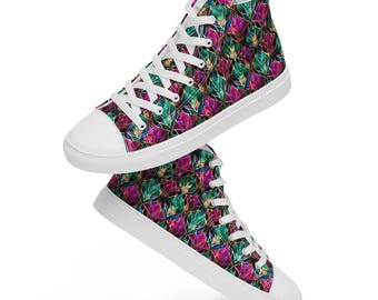 Stained Glass Peacock Feathers Printed Canvas Shoes, High-Top Lace-Up Sneakers, Casual Beach Canvas, Fashion Shoe, Bird Lover Gift for Him