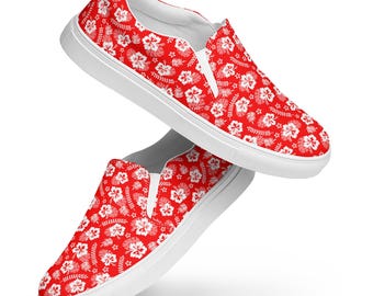 Hawaiian Flowers Printed Men's Canvas Shoes, Low-Top Comfy Botanical Shoes, Designer Aesthetic Slip-On Shoes, Men's Fashion, Gift for Him