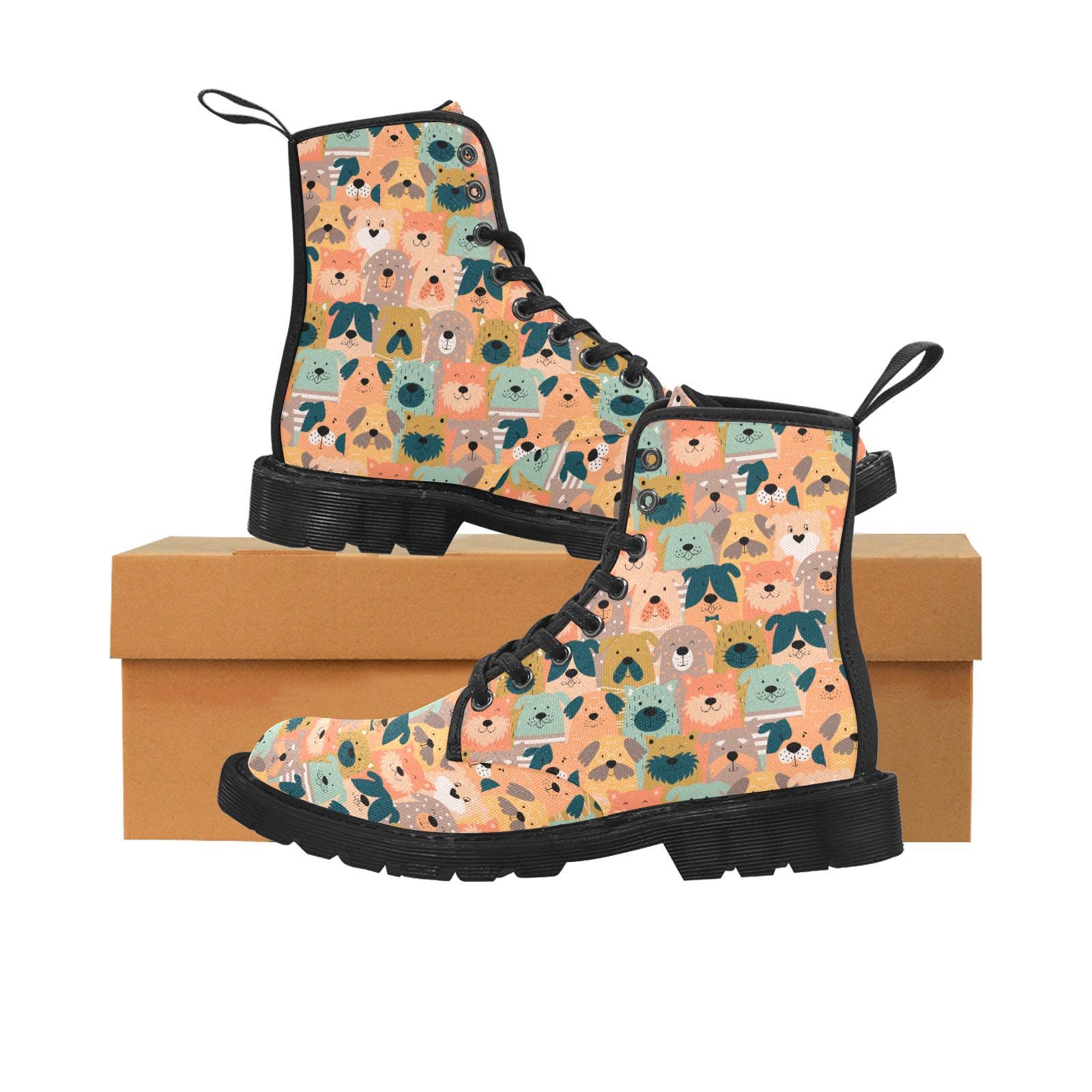 Women's Leather Winter Boots With Dog Pet Print - Lace-Up Ankle Boots, Fashion Outdoor Non-Slip Casual Boots