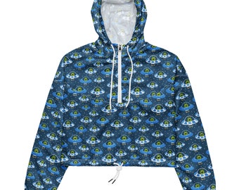 Aliens Sci Fi Print Cropped Windbreaker Mujeres, elegante chaqueta cortavientos con cremallera UFO AOP, regalo de amante de los alienígenas para ella, chaqueta de fan de la NASA espacial