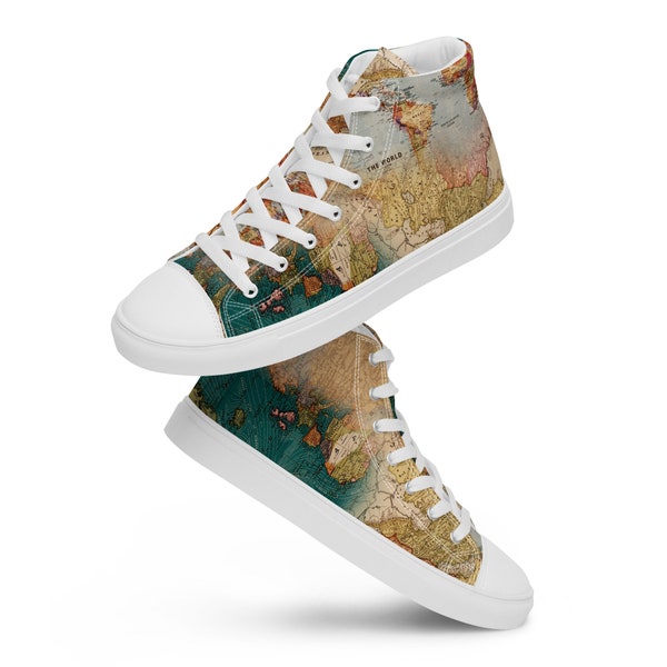 World Map Printed Men's High Top Sneakers, Geography Lace Up Converse Style Shoes, Trendy Cool Wanderlust Shoes, World Map Travel Lover Gift
