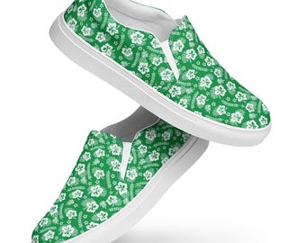 Hawaiian Flowers Printed Men's Canvas Shoes, Low-Top Comfy Botanical Shoes, Designer Aesthetic Slip-On Shoes, Men's Fashion, Gift for Him