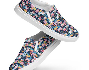 Nightlife Cityscapes Canvas Shoes Women, Unique Comfy Casual Slip-On Shoes, Wanderlust Low-Top Canvas Sneakers, Travel Lover Gifts for Her