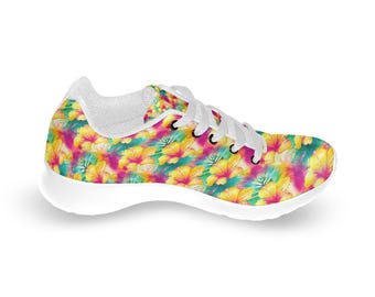 Hawaiian Flower Kids Sneakers, Floral Print Comfy Fashion Shoes, Cool Durable Sneakers for Active Kids, 14-26 Day Delivery