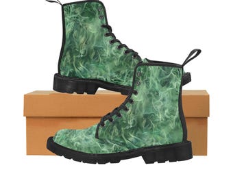 Green Smoke Print Canvas Boots: High Top Lace-Up Fashion