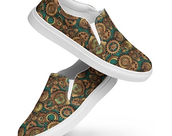 Machine Gears Printed Canvas Shoes Men, AOP Streetwear Slip-On Shoes, Lightweight Fashion Low-Top Shoes, Designer Canvas Sneakers Shoes