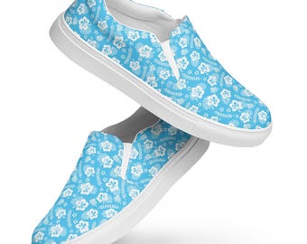 Hawaiian Flowers Printed Men's Canvas Shoes, Low-Top Comfy Botanical Shoes, Designer Aesthetic Slip-On Shoes, Men's Fashion, Gift for Him
