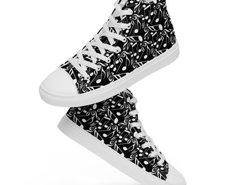 Music Notes Printed Men's High-Top Sneakers, Musician Lace-Up Converse Style Shoes, Trendy Cool Unique Shoes, Music Lover Gifts for Him