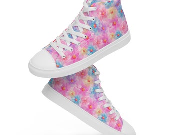 Colorful Flowers Printed Sneakers Men, High-Top Converse Sneakers, Floral Pattern Shoe, Lace-Up Nature Them Sneakers, Boyfriend Gift for Him