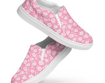 Hawaiian Flowers Printed Men's Canvas Shoes, Low-Top Comfy Botanical Shoes, Designer Aesthetic Slip-On Shoes, Men's Fashion, Gift for Him