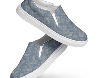 Dragon Printed Canvas Shoes Mens, Summer Beach Shoes, Slip on Low Top Canvas Sneakers Shoes, Dragon Lover Gift For Him, Fashion Shoes