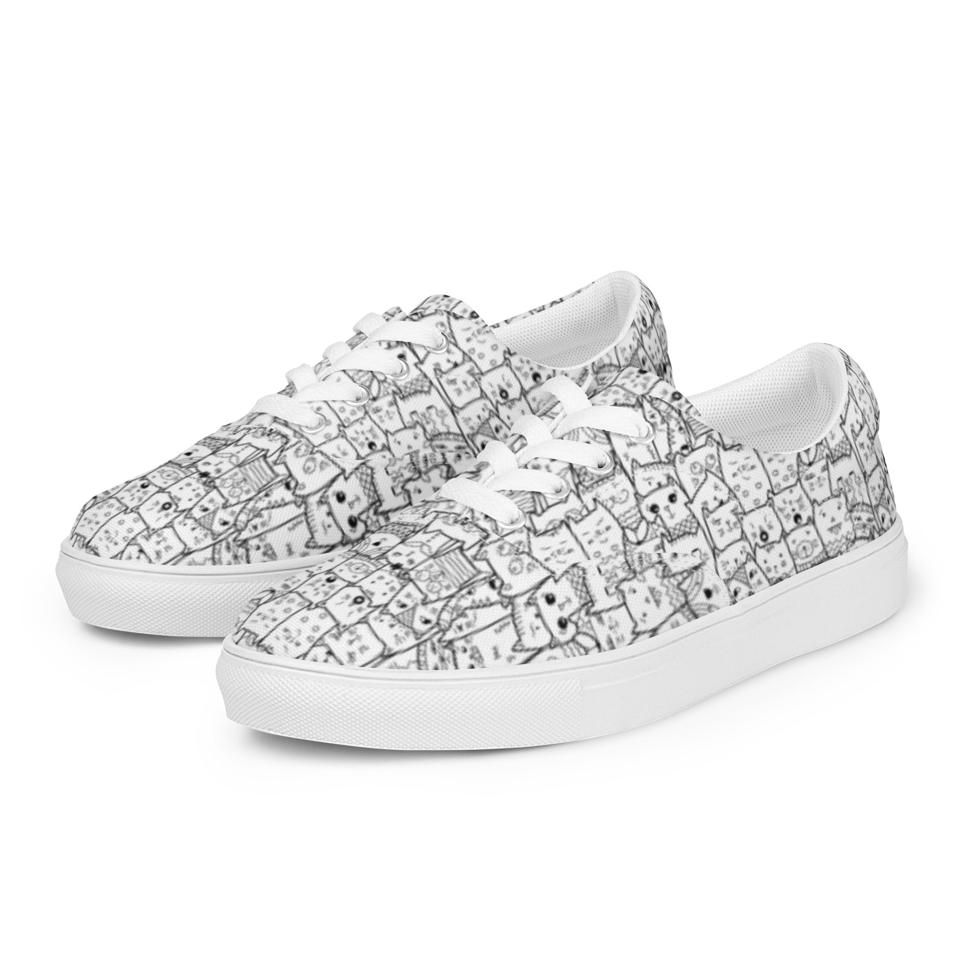 Yellow Doodle Cat Print Women's Sneakers