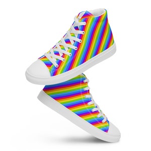 Men&#39;s Rainbow Pride Canvas Sneakers, Rainbow Striped Lace Up High Top Sneakers, Gay Pride Flag Shoes, Cute Funky Shoes, LGBTQ Gift for him