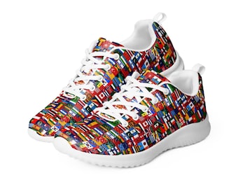 World Flags Printed Men&#39;s Athletic Shoes, All of the World Traveler Shoes, Gym Workout Shoes, Comfy Running Shoes, Traveler Gift, Breathable