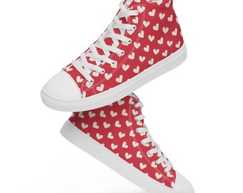 Polka Dot Hearts Printed Men's High Top Sneakers, Lace Up Converse Style Shoes, Colorful Trendy Cool Shoes, Valentine's Day Gift for Him