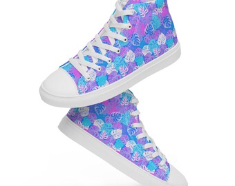Pastel Leaf Printed High-Top Sneakers Women, Unique Colorful Lace-Up Converse Style Sneakers, Gifts for Her, Comfy Everyday Streetwear Shoes