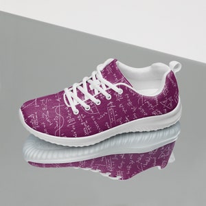 May include: Purple sneakers with white laces and a white sole. The sneakers are covered in a pattern of white mathematical equations.